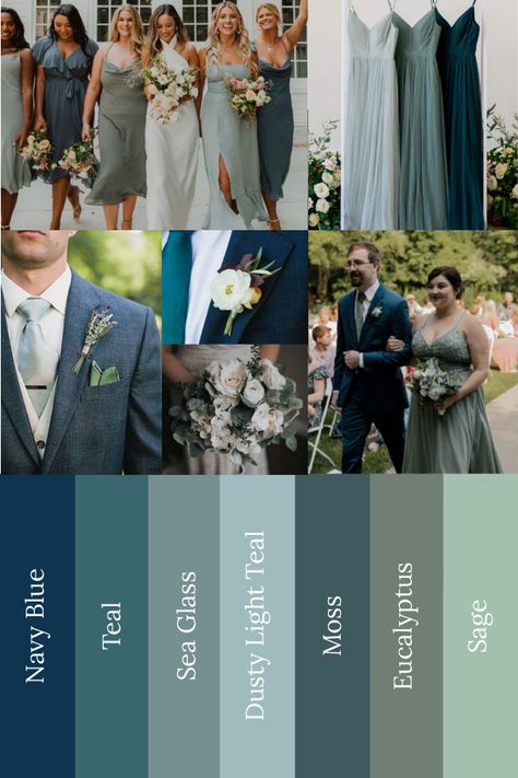 Bridesmaid Dresses Color Palette, Sage Wedding Colors, Wedding Theme Color Schemes, Gold Quince, Wedding Color Pallet, Sage Wedding, Blue Themed Wedding, Sage Green Wedding, Wedding Colors Blue