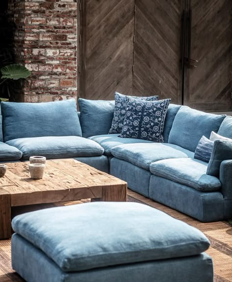 Reconnect with ancient culture through sofas made with enduring craftsmanship passed down from generations. #timothyoulton #noblesouls… | Instagram Denim Couch Living Room Color Schemes, Denim Couch, Natural Linen Sofa, Denim Sofa, Denim Furniture, Blue Couch Living, Green Sofa Living, Blue Sectional, Linen Couch