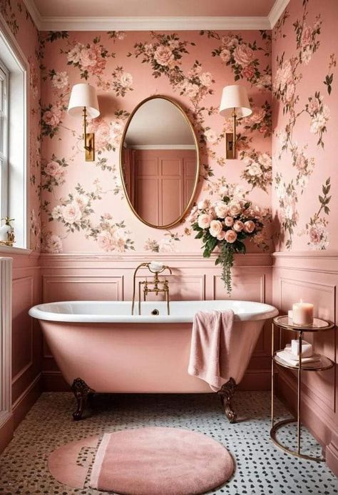 Dark Pink Bathroom Walls, Pink Clawfoot Tub, White Modern Kitchen Ideas, Baie Vintage, Romantic Bathroom, Pink And Black Bathroom, Pink Bathrooms Designs, Vintage Pink Bathroom, Pink Accent Walls