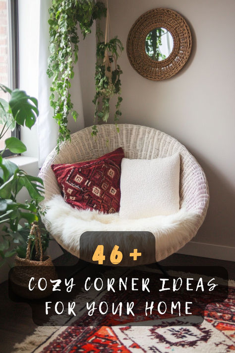 Transform your home with 46 cozy corner ideas that offer warmth and comfort. Featuring plush seating, soft lighting, and inviting decor, these corners are perfect for relaxation. Click to explore these cozy inspirations and let your home embrace a haven of tranquility! 🛋️✨ #CozyCorners #HomeDecor #WarmSpaces #PlushSeating #SoftLighting #InvitingDecor #ComfortableLiving Cosy Corners Living Room, Corner Spot In Living Room, Small Cozy Corner Bedroom, Chill Corner Ideas, Corner Fillers Living Rooms, Ideas For Corners In Living Room, Cosy Corner Living Room, Small Corner Decorating Ideas Living Room, Corner Seating Ideas