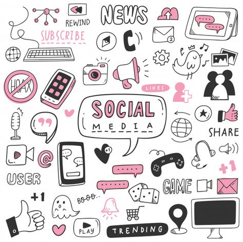 Hand drawn social media doodle set Premium Vector Social Media Doodle, Social Media Wallpaper, Internet Icon, Social Media Drawings, Social Media Art, Social Media Photography, Doodle Art Drawing, Sketch Notes, Media Icon