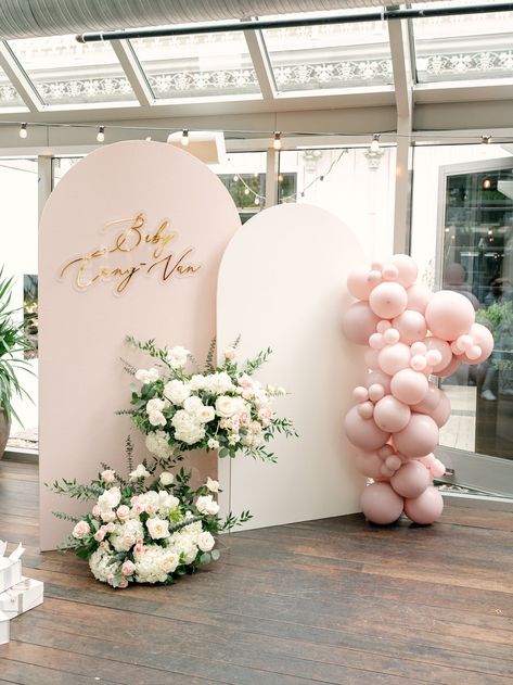 Beautiful Over the Moon themed Baby Shower for Dallas, Tx based influencer Hoang-Kim and her husband Johnny. Stunning white and pink floral adorned the tables and backdrop with jaw dropping balloon installs on the celiing to mimic clouds. Pink And White Roses Baby Shower, White And Pink Baby Shower Ideas, Baby In Bloom Shower Backdrop, Dainty Baby Shower Ideas, Elegant Baby Girl Shower Ideas, Pastel Pink Baby Shower Ideas, Baby Shower Backdrop Ideas Girl, Baby In Bloom Backdrop, Pink Baby Shower Backdrop