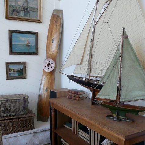 Nautical Industrial Decor, Model Ship Decor, Sailing Room Decor, Masculine Nautical Office, Boat Room Aesthetic, Vintage Nautical Decor Living Room, Old World Nautical Decor, Nautical Man Cave, Nautical Antique Decor