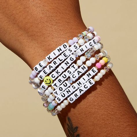 Original Word Bracelets Word Bracelet Beads Ideas, Bracelet Beads Ideas, Little Words Project, Acrylic Bracelet, Pastel Party, Feel Empowered, Heart On Your Sleeve, Golden Beads, Trending Bracelets