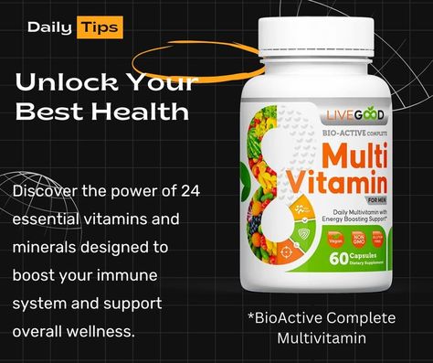 Why Men Need a Daily Multivitamin Most men don't get enough vitamins and minerals from their diets, leading to health issues like a weaker immune system, hair loss, and poor vision. A daily multivitamin fills these gaps. Discover how LiveGood BioActive Complete Multivitamin for Men boosts immunity, supports heart health, and promotes healthy aging. Start your journey to better health today! Healthy Eyesight, Weak Immune System, Best Multivitamin, Bone Strength, Boost Your Immune System, Super Greens, Cardiovascular Health, Healthy Aging, Business Opportunity