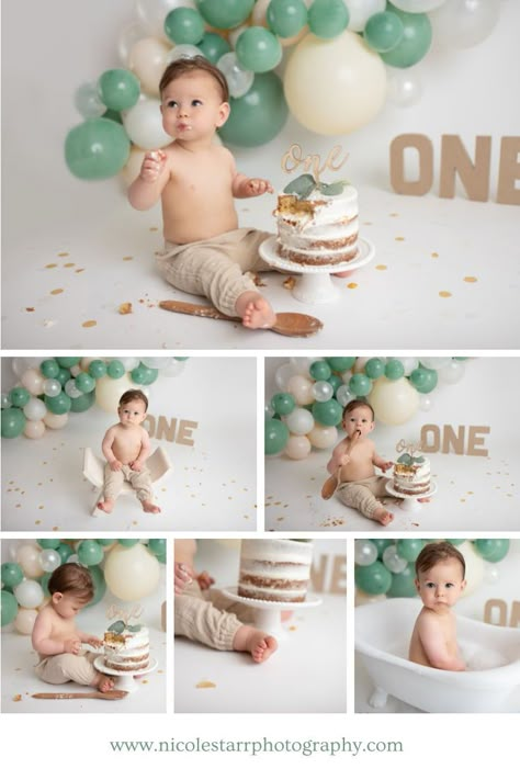 Green And White Smash Cake, Cake Smash Neutral Colors, Sage Green 1st Birthday Cake, Sage First Birthday, Sage Green Smash Cake, Baby Boy Smash Cake Pictures, Baby Cake Smash Ideas, Smashcake 1st Birthdays, First Birthday Boy Photoshoot Ideas