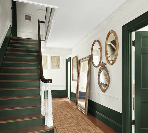 Green Trim White Walls, Green Trim Interior, Green Interior Trim, Heritage Paint Colours, Hallway Paint Colors, Heritage Paint, Hallway Paint, Painted Staircases, Painted Trim