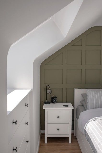 Panelling Dormer Bedroom, Eaves Bedroom Panelling, Panelling Loft Bedroom, Panelling Attic Room, Panelling On Slanted Wall, Loft Bedroom Wall Panelling, Wall Paneling Slanted Ceiling, Treron Farrow And Ball Bedroom, Bedroom With Eaves