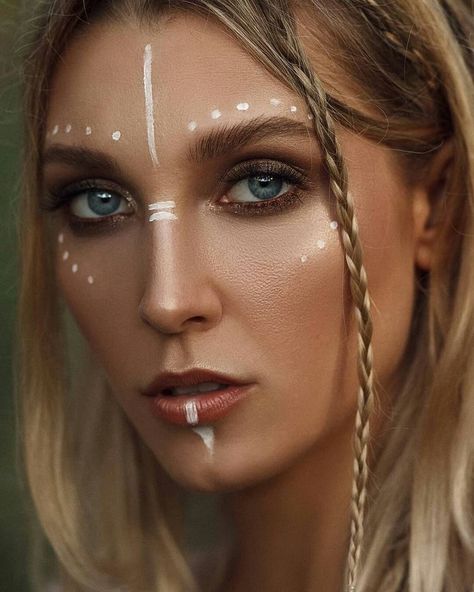 White Viking Makeup, Celestial Makeup Halloween, Burning Man Makeup Ideas, Cave Woman Makeup, Viking Wedding Makeup, Romani Makeup, Goddess Face Painting, Tuluminati Party, Goddess Face Paint