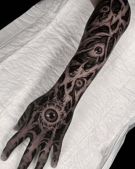 Eyeball Sleeve Tattoo, Eyes Arm Tattoo, Eye Sleeve Tattoo, Dark Arm Tattoo, 2024 Tattoo Ideas, Aye Tattoo, Eye Tattoo Sleeve, Eyes Tattoo Design, Tattoo Ideas Hand