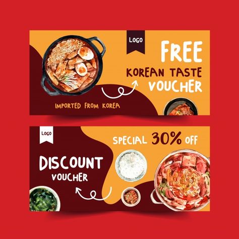 Korean food voucher design with ramyeon,... | Premium Vector #Freepik #vector #banner #food #template #discount Noodle Korean, Coffee Shop Website, Food Vouchers, Food Discount, Voucher Design, Graphic Design Infographic, Food Banner, Discount Banner, Photoshop Tutorial Design