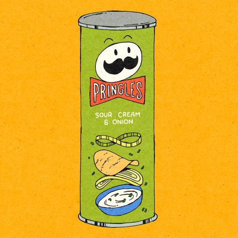 Kaitlin Brito | Any sour cream and onion Pringles lovers out there? 👁👁 I like sour cream and onion potato chips but have not had the pringles kind… | Instagram Pringles Sour Cream And Onion, Chips Illustration, Snacks Illustration, Snack Illustration, Drawing Tube, Typeface Poster, Chips Snacks, Pringles Can, Cartoon Food