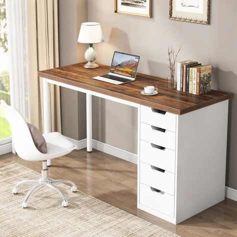 47-inch Computer Desk with 5-drawer, Wood and Metal Writing Desk for Study Living Room - Bed Bath & Beyond - 39915383 At Home Office Space, Study Table Ideas, Brown Home Office, Office Desk With Storage, Simple Computer Desk, Pc Table, Study Writing, Desk Size, Desk Study