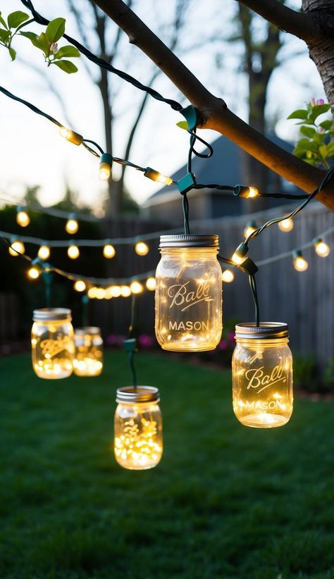 Mason jar string lights are a charming addition to spring wedding decor. I love how they create a warm, cozy glow for outdoor receptions. Mason Jar Lights Outdoor, String Lights Wedding Reception, Hot Rod Wedding, Colorful Tablescapes, Spring Wedding Decor, Diy Mason Jar Lights, Chandelier Centerpiece, Mason Jar String Lights, Mason Jar Lights