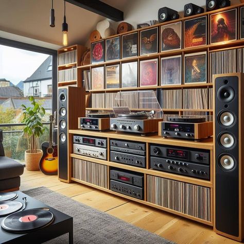 Stereo Speakers Living Room, Vinyl Record Room, Vintage Stereo Console, Audiophile Room, Dj Room, Home Music Rooms, Stereo Console, Vinyl Room, Record Room