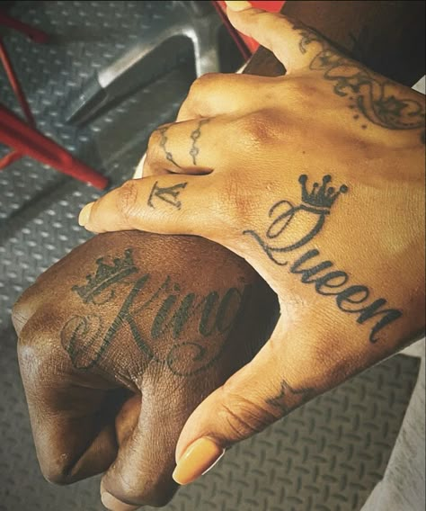 Matching Tats For Couples Black, Queen Hand Tattoo, Husband Name Tattoos For Women Hand, Black Couples Tattoos, Matching Couple Tattoos Black People, Black Couple Tattoos, Matching Tattoos Black People, Couple Tattoos Black Couples, Matching Tattoos Boyfriend Girlfriend