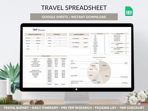 Editable Google Sheets Travel Planner helps you plan your next trip, from destinations and activities to budgeting and packing #Travel_Budget_Template_Google_Sheets #Travel_Planner_Google_Sheet #Travel_Itenary_Template #Travel_Spreadsheet Travel Planner Google Sheet, Travel Itenary Template, Travel Spreadsheet, Travel Budget Template, Travel Budget Planner, Travel Template, Goal Setting Template, Japan Itinerary, Itinerary Template