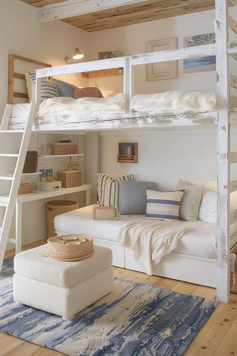 Boho Bedroom Loft Bed, Room Ideas With Loft Beds, Loft Room Ideas Aesthetic, Preppy Rooms With Loft Beds, Loft Bed With Couch Underneath, Room Ideas Loft Bed, Cottage Loft Bed, Bunk Bed With Couch Underneath Aesthetic, Cozy Space Under Loft Bed