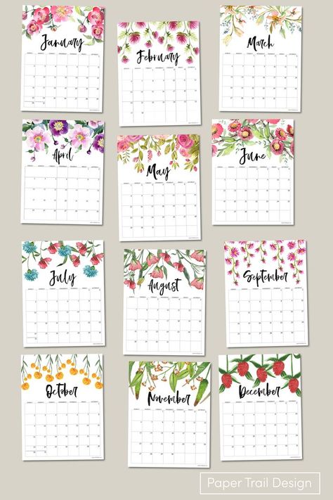 Design Kalender, Calender Printables, Paper Trail Design, Free Printable Calendar Templates, Floral Calendar, Free Printable Crafts, Trail Design, Floral Planner, Print Planner