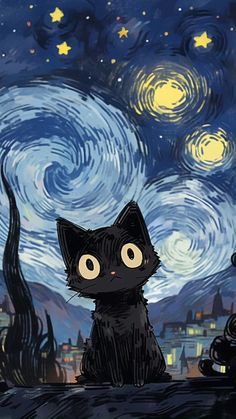 헬로키티 배경화면, Arte Van Gogh, Art Mignon, A Black Cat, Cool Wallpapers Art, Art Et Illustration, Dessin Adorable, Cat Wallpaper, Cute Wallpaper Backgrounds