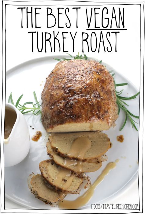 The best vegan turkey roast with crispy skin! The perfect centerpiece for Thanksgiving of a holiday meal. Easy to make, and most of it can be made ahead of time, so it's a great stress-free option. It's super meaty, tender, juicy, rich yet mild flavor, and with buttery garlic crispy skin!! You and your family will be amazed at how delicious it is! #itdoesnttastelikechicken #seitan #veganthanksgiving Vegan Turkey Roast, Vegetarian Turkey, Vegan Meat Recipe, Vegan Turkey, Turkey Roast, Seitan Recipes, Vegan Holiday Recipes, Vegetarian Thanksgiving, Vegan Roast