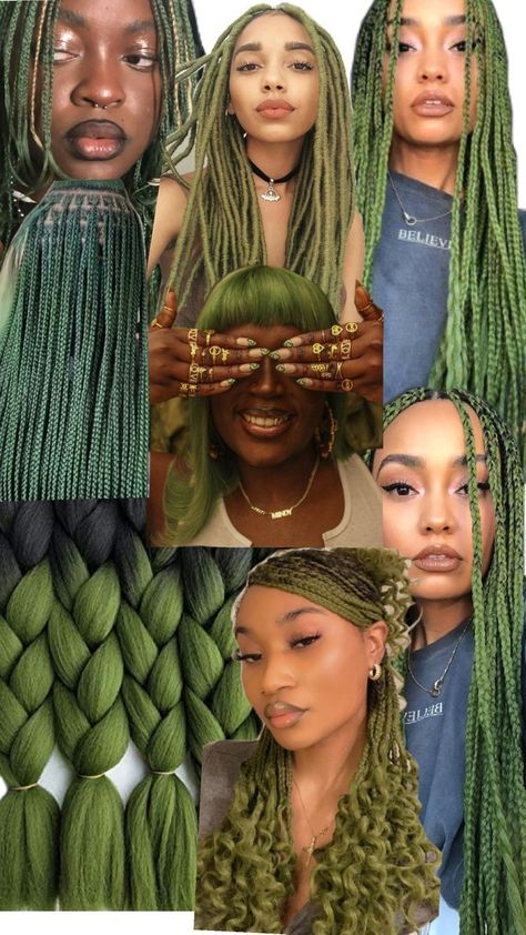 Olive Green Hair Extensions Olive Green Box Braids, Forest Green Braids, Green And Brown Braids, Green Braids Black Women, Green 4c Hair, Colour Braids For Black Women, Olive Green Braids, Green Hair Braids, Olive Green Hair Color