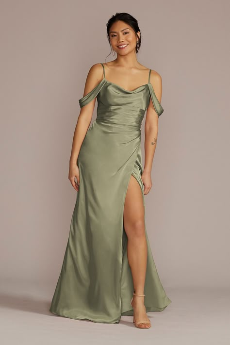 Charmeuse Bridesmaid Dress, Martini Olive, Bridesmaid Dresses Satin, Sage Green Bridesmaid Dress, Stretch Satin Dress, Sage Green Dress, Cowl Dress, Bridesmaid Dressing Gowns, Bridesmaid Dress Ideas