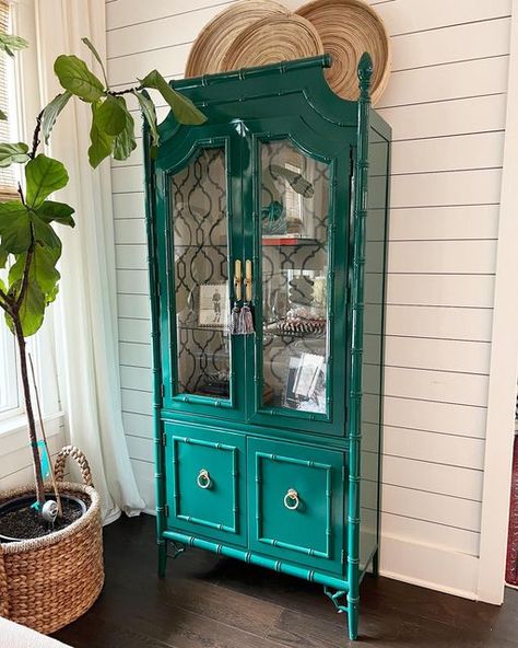 Teal China Cabinet, Faux Bamboo China Cabinet, Colorful China Cabinet, Painted China Cabinet Ideas, Bamboo China Cabinet, Green China Cabinet, Shelves For Display, Painted China Cabinets, Nightstand Makeover