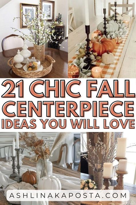 21 gorgeous fall centerpiece ideas to brighten up your dining table — ASHLINA KAPOSTA Breakfast Table Fall Decor, Fall Table Arrangement Ideas, Pumpkin Table Display, Natural Wood Centerpieces, Fall Decor Ideas For Table, Long Dining Room Table Fall Decor, Fall Center Piece Dining Room, Fall Centerpieces For Island, Large Fall Centerpieces For Table