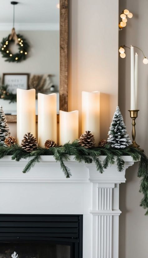 Winter Mantel Decor, Mantle Decorations, Winter Mantels, Mantel Decor Ideas, Diy Winter, By The Fireplace, Mantel Decor, The Fireplace, Flameless Candles