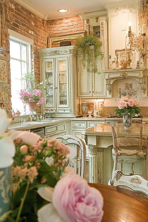 Country French Farmhouse Decor, Shabby Sheek Decor Cottage Chic, French Cafe Kitchen, Sheek Decor, French Chic Interior, Shabby Chic Kitchens, French Chateau Kitchen, French Country Cottage Kitchen, Sims4 Ideas