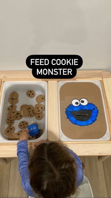 Letter C Sensory Activities, Cookie Monster Sensory Bin, Cookie Monster Crafts Preschool, Feed The Monster Activity, Cookie Activities For Toddlers, Cookie Crafts For Preschool, Cookie Sensory Bin, Cookie Monster Activities, Sesame Street Activities