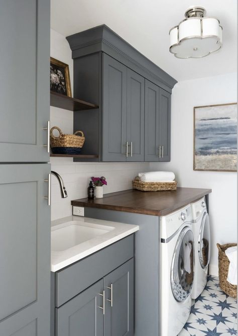 44 Super Chic Laundry Room Ideas 33 44 Super Chic Laundry Room Ideas Laundry Room With Wood Floors, Patterned Tile Laundry Room, Laundry Room Arch Door, Laundry Room With Built Ins, Classic Laundry Room Ideas, Butcher Block Countertop In Laundry Room, Laundry Room With Painted Cabinets, 10x10 Laundry Room Layout, Charcoal Laundry Room