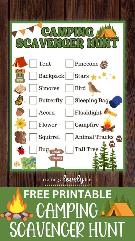 This free printable Camping Scavenger Hunt is the perfect activity for your kids to do the next time you go camping! This camping printable is free so you can download it and print as many copies as you want! Camping Crafts | Activities for kids Camping craft for kids | Printable Scavenger Hunt | Printable Camping Game #happycamper #campinggame #freeprintable Camping Scavenger Hunt Printable, Kids Camp Activities, Camping Scavenger Hunts, Camping Printables, Scavenger Hunt Printable, Nature Hunt, Camping Activities For Kids, Summer Camp Games, Scavenger Hunt Games