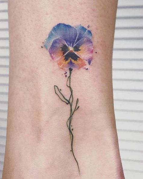 Luisa Tattoo Encanto, Pansy Butterfly Tattoo, Pansy And Butterfly Tattoo, Violet Flower Tattoo Watercolor, Watercolor Pansy Tattoo, Viola Tattoo Flower, Viola Flower Tattoo, Pansie Tattoo, March Tattoo Ideas