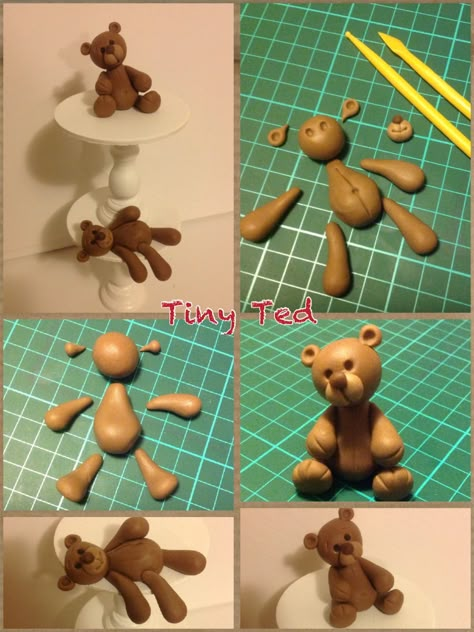 Making tiny Ted Fondant Teddy Bear Tutorial, Teddy Bear With Clay, Teddy Bear Clay Sculpture, Fondant Teddy Bear Tutorial How To Make Cake Toppers, Fondant Teddy Bear, Clay Bear, Fondant Figures Tutorial, Teddy Bear Cakes, Fondant Baby