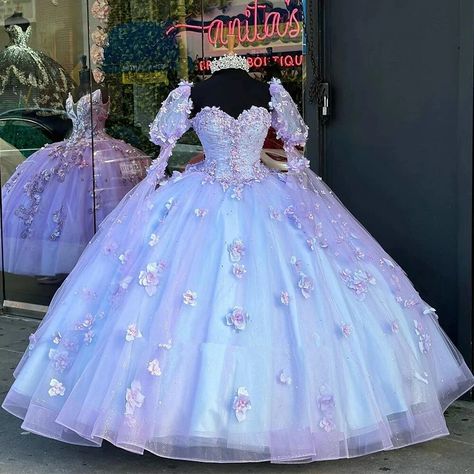 IRIDESCENT Lavender Puff Sleeve 3D Flower Quinceanera Dresses Vestidos De 15 Anos Appliques Lace Cinderella 16 Princess Gowns - AliExpress Flower Quinceanera Dresses, Magic Fashion, Princess Gowns, Quinceñera Dresses, Magical Dress, Quinceanera Ideas, Purple Prom, Pretty Quinceanera Dresses, Space Outfit