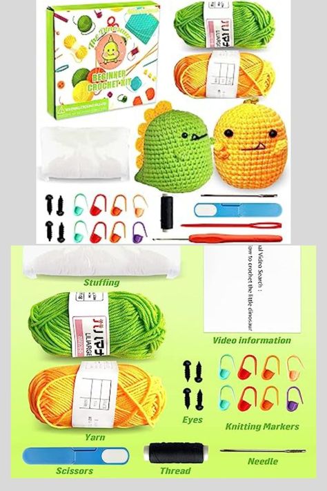 Daover Crochet Kit for Beginners - Set of 2 Dinosaur Crochet Kit for Adults, Beginner Crochet Starter Kit DIY All-in-One Stuffed Animal Knitting Sets with Step-by-Step Tutorial Crochet Kit for Beginners: Includes 3 x yarn(1x green,1x yellow,1x black for lip) , 1 x crochet hooks, 1 x stuffing, 1 x scissors, 2 x needles, 8 x knitting markers, 4 x eyes. Complete crochet kit for beginners. Knitting Markers, Dinosaur Crochet, Animal Knitting, Crochet Kits, Kit Ideas, Tutorial Crochet, Beginner Crochet, Crochet Kit, Creative Hobbies