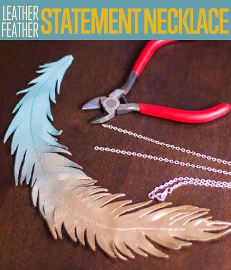 Leather Feather necklace DIY perfect for Fall season & Football Feather Necklace Diy, Statement Necklace Diy, Feathers Diy, Diy Statement Necklace, Leather Statement Necklace, Etched Jewelry, Homemade Necklaces, Leather Feathers, Diy Necklace Making