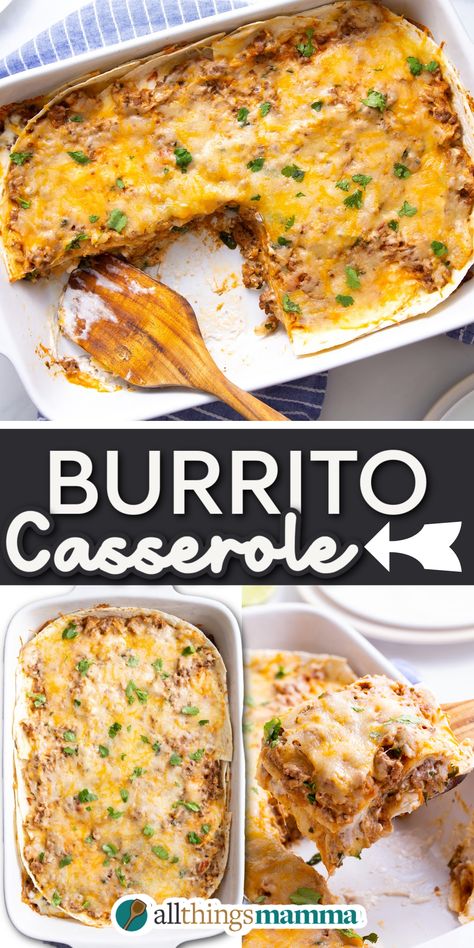 Burrito Casserole served in a casserole dish. serving of Burrito Casserole sitting on a wooden spatula Taco Bake With Flour Tortillas, Mexican Casserole Flour Tortillas, Ground Beef Enchilada Recipe Flour Tortillas, Burrito Lasagna With Tortillas, Casseroles Using Flour Tortillas, Dinner Using Flour Tortillas, Baked Burrito Casserole Ground Beef, Tortilla Uses Dinners, Layered Burrito Bake