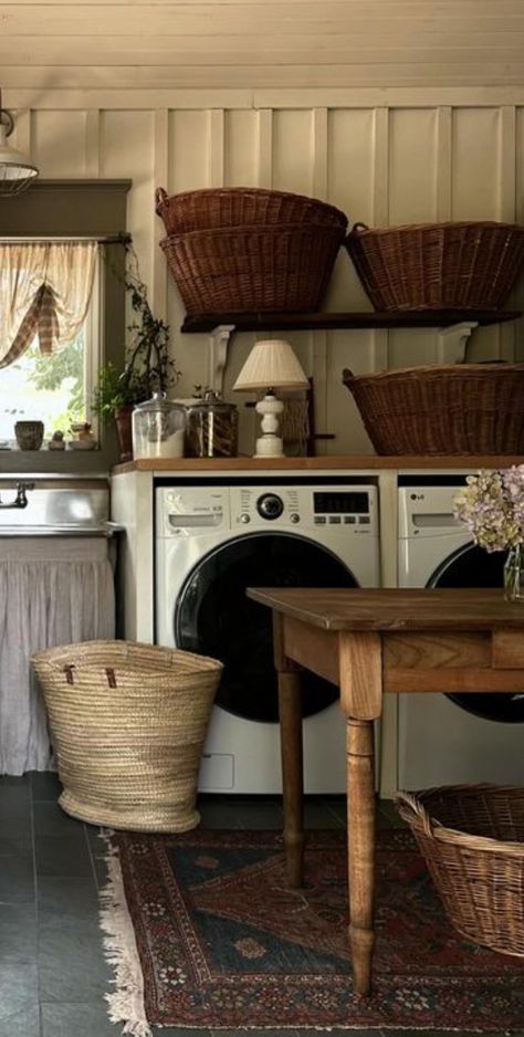 Mud Room Ideas With Sink, Cottage Colonial Decor, Diy Cottage Furniture, Laundry Room Antique Cabinet, Old Fashioned House Decor, Folk Home Aesthetic, Farmhouse Family Pictures, House Interior Laundry Room, Cottagecore Aesthetic Laundry Room