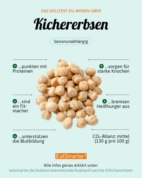 Kichererbsen sind echte kleine Krafpakete! Sie punkten mit pflanzlichen Proteinen und sind deshalb vor allem bei Vegetarier*innen und Veganer*innen beliebt. Hier erfahrt ihr alles, was ihr über Kichererbsen wissen müsst. | EAT SMARTER #kichererbse #protein #infografik #vegan Packaged Food, Christmas Cocktails Recipes, Eat Smart, Calories A Day, Eat Smarter, Food Facts, Mediterranean Recipes, Diet And Nutrition, Yummy Drinks