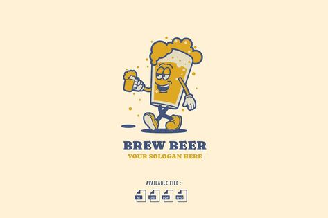 Brew Beer Retro Cartoon Logo Beer Cartoon Drawing, Beer Vintage Illustration, Retro Beer Logo, Beer Character, Cornhole Shirts, Beer Bar Design, Craft Beer Logo, Logo Drink, Beer Logo Design