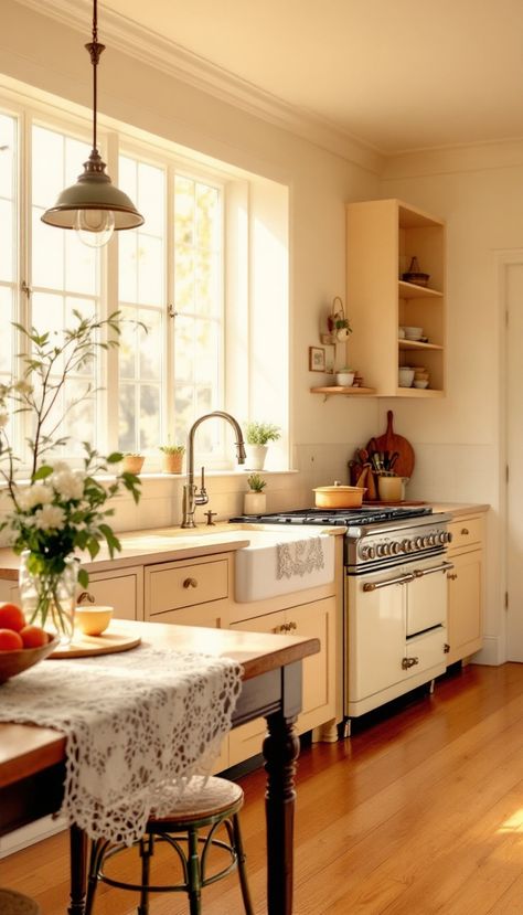 An exploration into Vintage Americana design, this kitchen space boasts nostalgic charm and modern utility, perfectly captured in early morning light with a focus on elegance and warmth. 30s Kitchen, 1940 Kitchen, 40s Kitchen, 1940's Kitchen, 1930s Kitchen, 1940s Kitchen, 50s Kitchen, Americana Design, Modern Utility