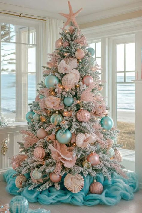 Mermaid Coast Pink Christmas Tree Mermaid Christmas Tree, Beach Christmas Trees, Whimsical Christmas Decor, Teal Christmas, Christmas Tree Inspo, Coastal Christmas Tree, Turquoise Christmas, Mermaid Christmas, Beachy Christmas