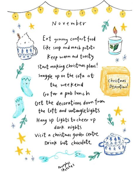 November here we go ✨ I’m looking forward to I’m a celeb and a Christmas garden centre trip, how about you?! (The first illustration is… | Instagram Send Me Pics, Hygge Life, My Calendar, Sketches Of People, Christmas Garden, 2024 Calendar, Easter Chocolate, Christmas Chocolate, November 1