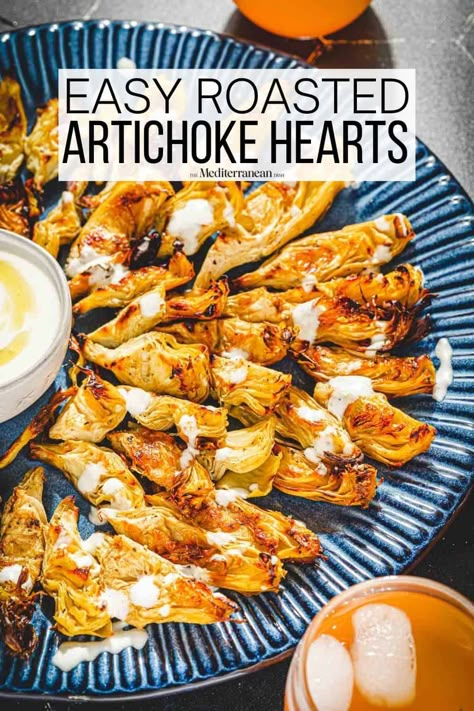 Roasted artichoke hearts made with canned artichokes, olive oil, salt, and pepper. Serve with creamy feta dressing for an easy appetizer. Canned Artichoke Recipes, Mediterranean Sides, Artichoke Hearts Recipe, Canned Artichokes, Roasted Artichoke Hearts, Artichoke Appetizer, Artichoke Heart Recipes, Feta Dressing, Baked Artichoke