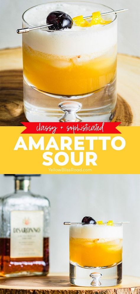 The Amaretto Sour is a classic cocktail that is a perfect option for a cocktail party menu or as a pre-game drink for date night. This recipe combines bourbon, amaretto, lemon juice, simple syrup and an egg white to form a sweet and sour drink that will delight your taste buds! Amoretto Sour, Ameretto Sour, Sweet And Sour Drink, Amaretto Sour Recipe, Amaretto Sour Cocktail, Christmas Desert, Sour Drink, Yellow Bliss Road, Cold Drinks Recipes