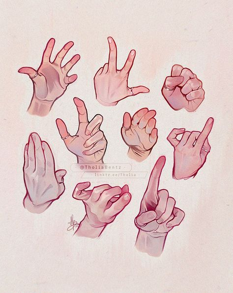 Monday practice! Had fun with these hand studies in Procreate ✌️. I started this sheet two weeks ago during a live on TikTok. It's been a while since I drew serious studies and I felt the need to get back at it a bit. 😊 Wondering what I will study next week! ☆ steps & 15 references pack on my P🅰️treon ☆ - #hand #art #procreate #digitalart #illustration #digitalpainting #procreateart #tholia #study #practiceart Hands Drawing Color, Hands Study Drawing, Simplified Hands Drawing, Art Study Anatomy, Illustration Practice Ideas, How To Color Hands, Hands Up Pose Reference, Hands Pencil Drawing, Hand Drawing Practice