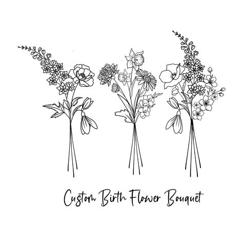 DIGITAL Custom Family Birth Flower Bouquet / Custom Birth - Etsy Australia Ella Tattoo, Tattoo Design Minimalist, Wild Flower Tattoo, Birth Month Tattoo, Family Birth Flower Bouquet, Floral Line Drawing, Mother Tattoos For Children, Bear Flowers, Flowers Line Art